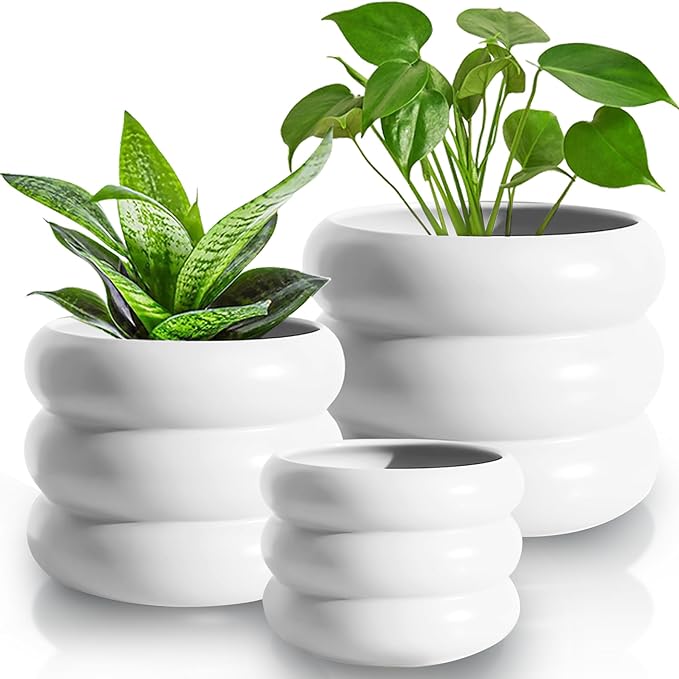 3 Piece Modern Ceramic Planter, 6.5/4.7/3.5 Inch White Plant Pot Set of 3 Unique Planters for Outdoor Indoor Flower Pots Set Plants with Drainage Holes Home & Office Decor with Mesh Pad