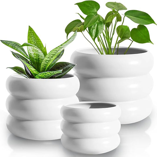 3 Piece Modern Ceramic Planter, 6.5/4.7/3.5 Inch White Plant Pot Set of 3 Unique Planters for Outdoor Indoor Flower Pots Set Plants with Drainage Holes Home & Office Decor with Mesh Pad