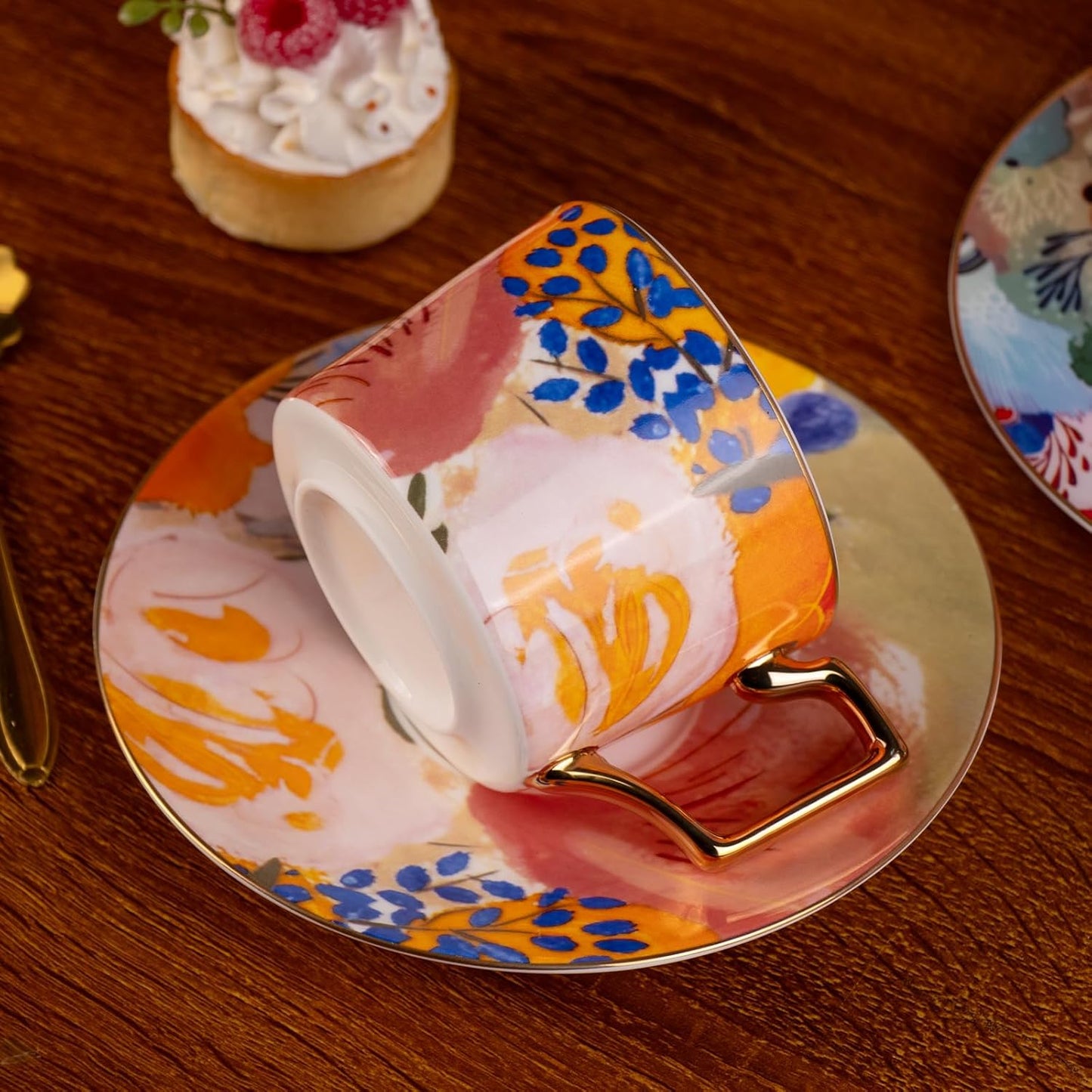 KAMMAK Tea Cups and Saucers Set of 2, Fine Bone China Coffee Cups, 8.5-Ounce Stackable Espresso Mugs, Ceramic Demitasse for Coffee, Cappuccino, Latte, Americano, Tea, Floating World