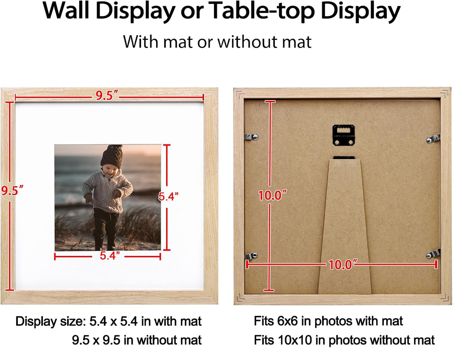 KINLINK 10x10 Picture Frames, Square Natural Wood Frames with Acrylic Plexiglass for Pictures 6x6 With Mat, Tabletop and Wall Mounting Display, Set of 4