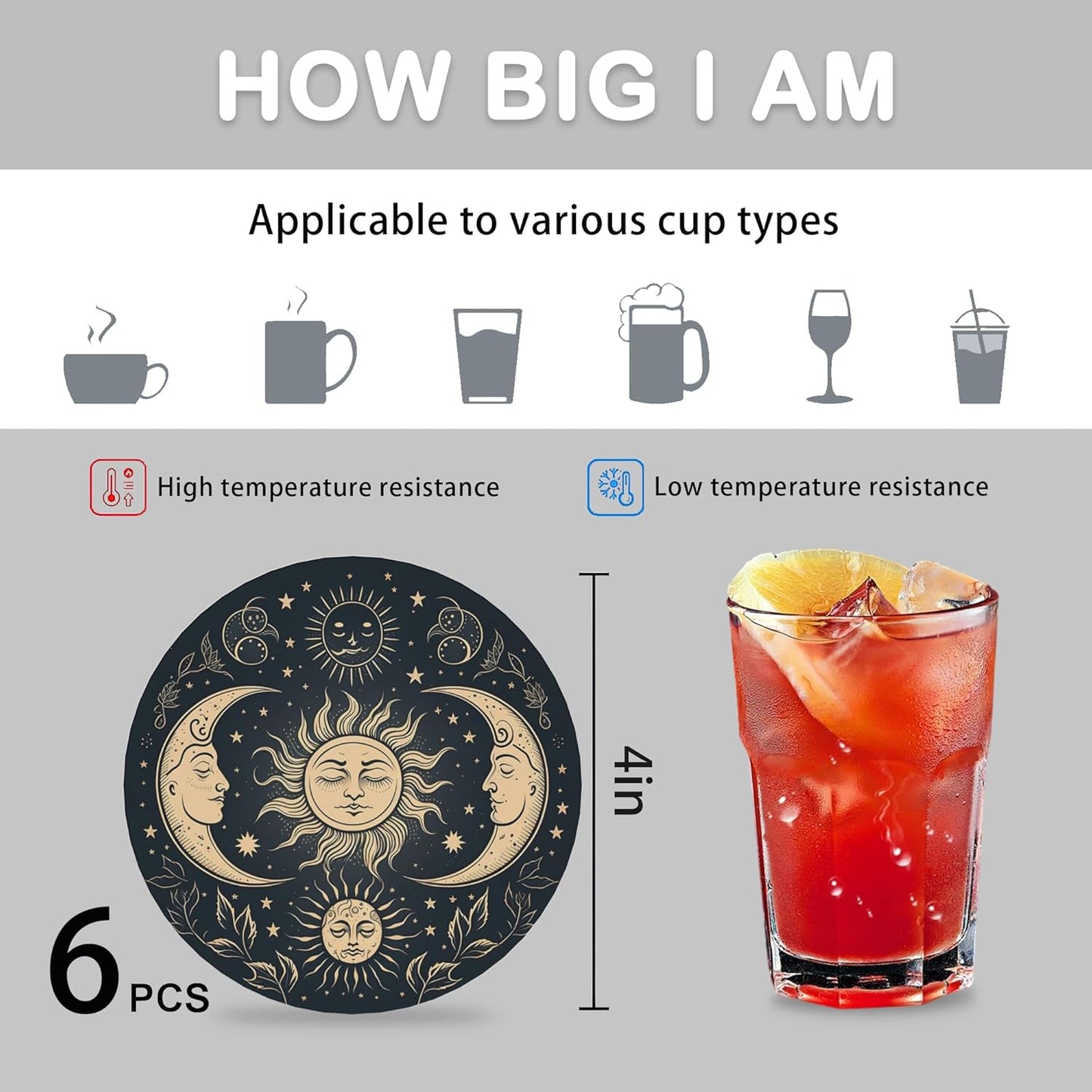 Drink Coasters for Drinks Set of 6,Golden Sun and Moon Absorbent Round Ceramic Stone Mat Coaster,with Cork Base and Metal Holder, Home Bar Decor House Warming Gift