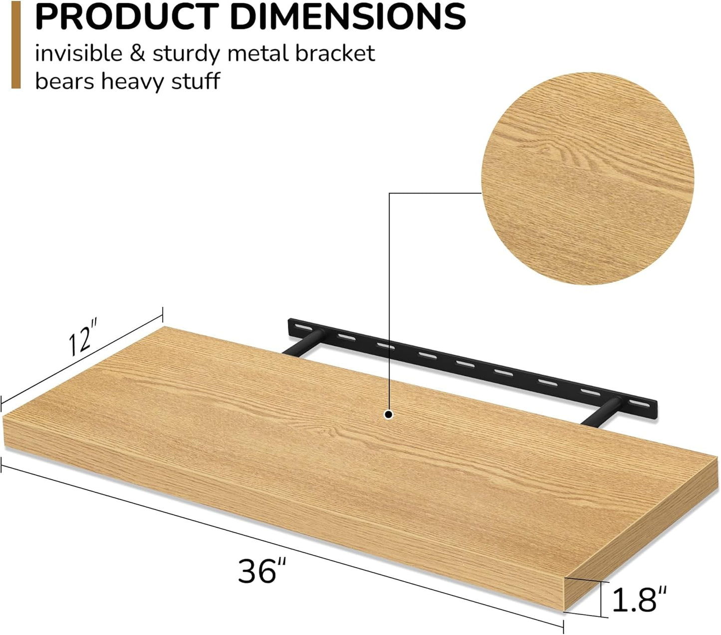 Fun Memories Floating Shelves - 2 Pack 12 Inch Deep Rustic Wooden Wall Shelves - Extra Deeper & Thicker Wall Mounted Storage Shelf for Living Room, Kitchen, Farmhouse - 36" W x 12" D x 1.5" H - Oak