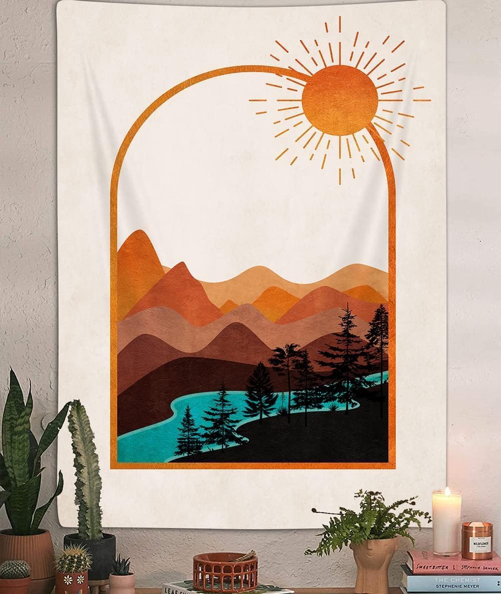 DYNH Bohemian Mountain Tapestry, Retro Nature Sunset Wall Hanging with Sun River Forest, Aesthetic Decor for Bedroom, Living Room, Dorm – Warm Bohemian Art for Home & Outdoor,60X71IN