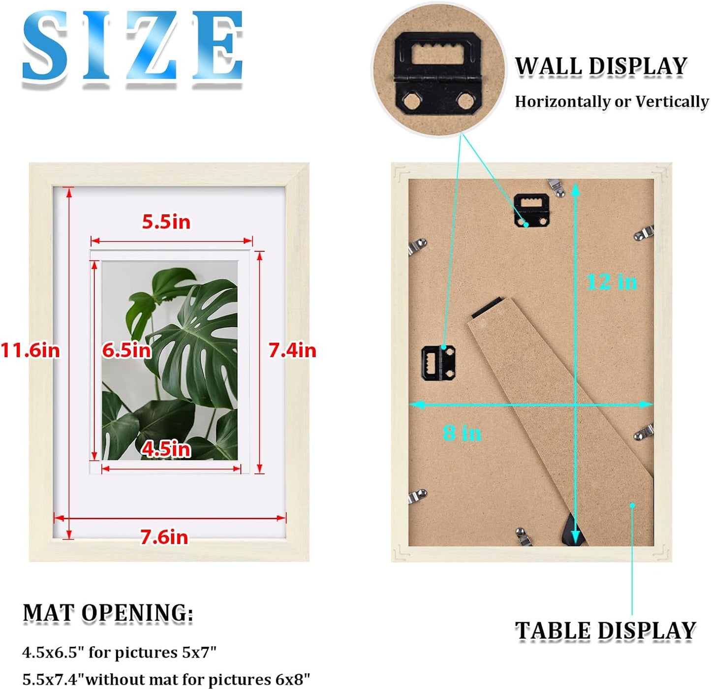 Egofine 8x12 Picture Frames Set of 4, Made of Solid Wood Covered by Plexiglass 5x7 and 6x8 with Mat or 8x12 without Mat, for Table Top Display and Wall Mounting Photo Frame Beige