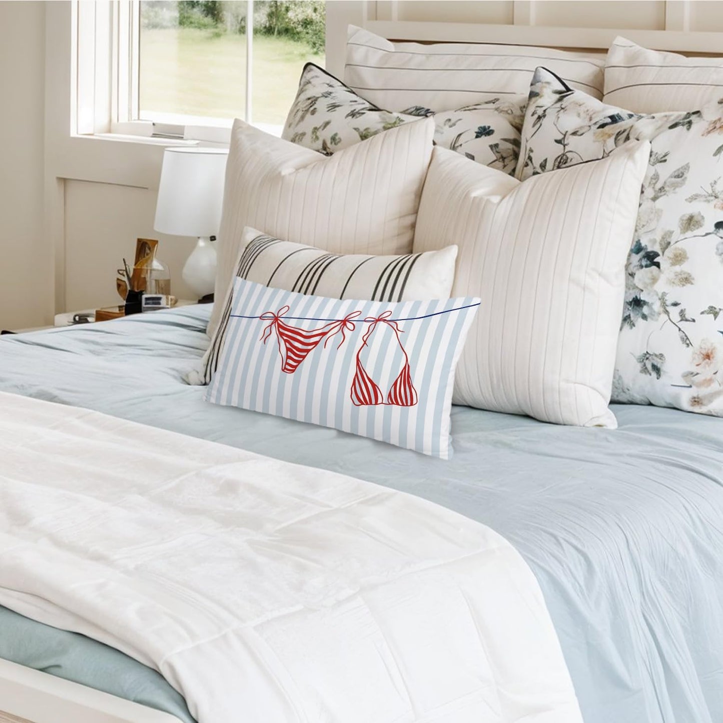 Blue Coastal Dorm Preppy Beach Girly Room Decor 12x20 Bikini Pillow Cover, Coastal Striped Decorative Lumbar Pillow Covers for Girls Bedroom College Dorm Sofa Couch