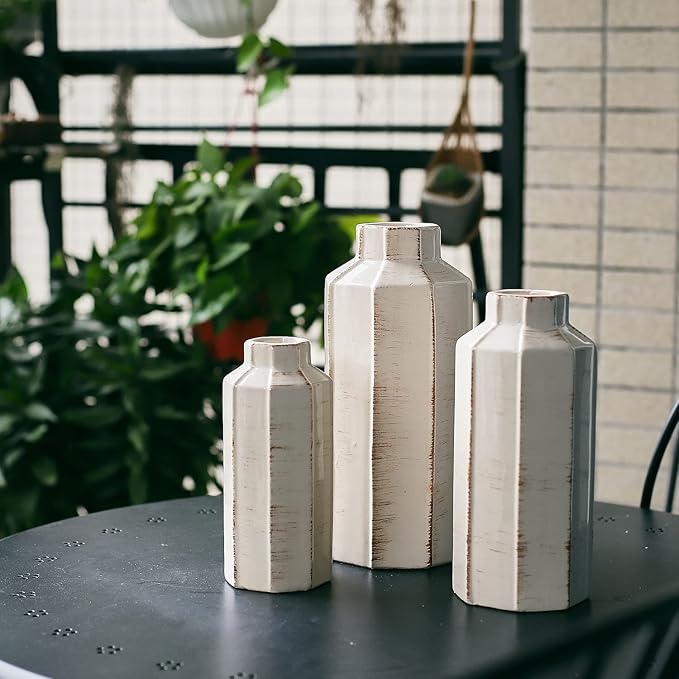 LUKA Ceramic Rustic Farmhouse Vase Set of 3,Ice Cracked Glazed Terracotta Vase,Large Vases for Decor,Fall Decoratiion Vases for Home, Table, Living Room, Shelf