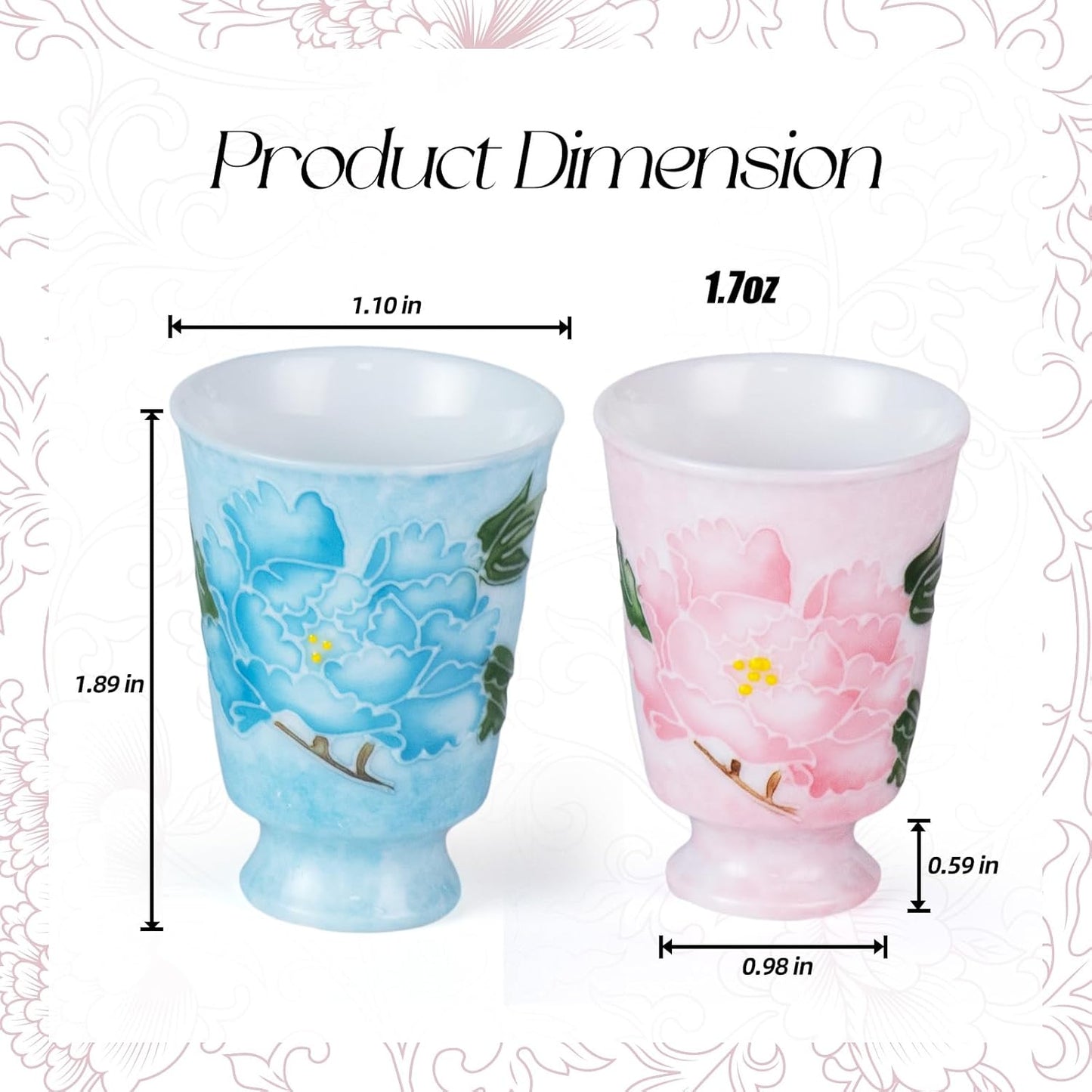 KAMMAK Ceramic Tea Cups Small, Cute Vintage Coffee Cup Set of 2, Porcelain Teacups Espresso Mug, 1.7oz Hand Painted Chinese Afternoon Tea Party Mugs, Birthday Gift for Women Men, Hand-Piled Peony