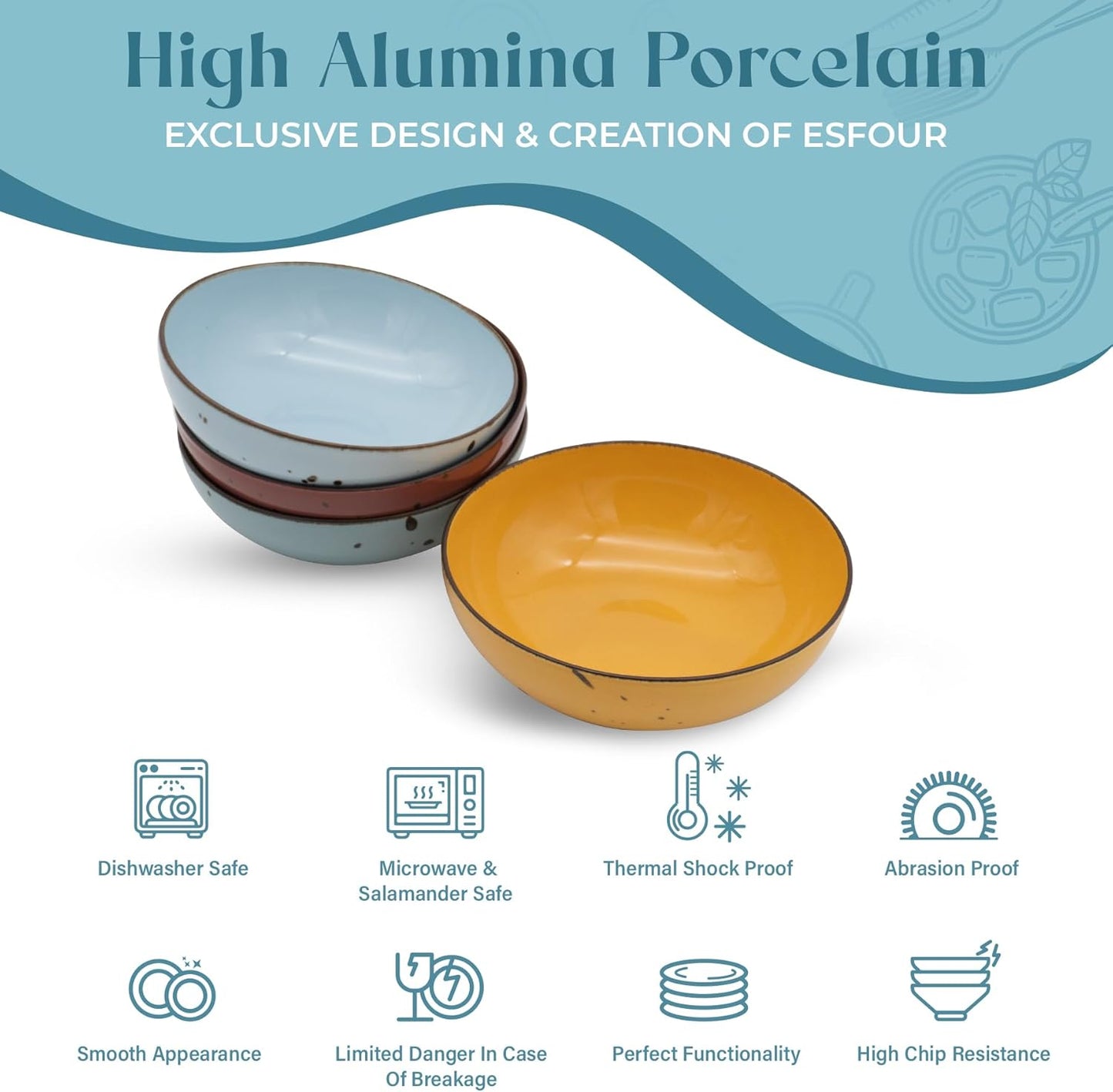 Esfour Round Porcelain Bowls - 20 Ounce - Set of 4 - Microwave, Oven, Dishwasher-Safe, Scratch Resistant, Porcelain Durable Small Dishes Bowls for Cereal, Salad, Pasta, Soup, Dessert - Assorted Vivid