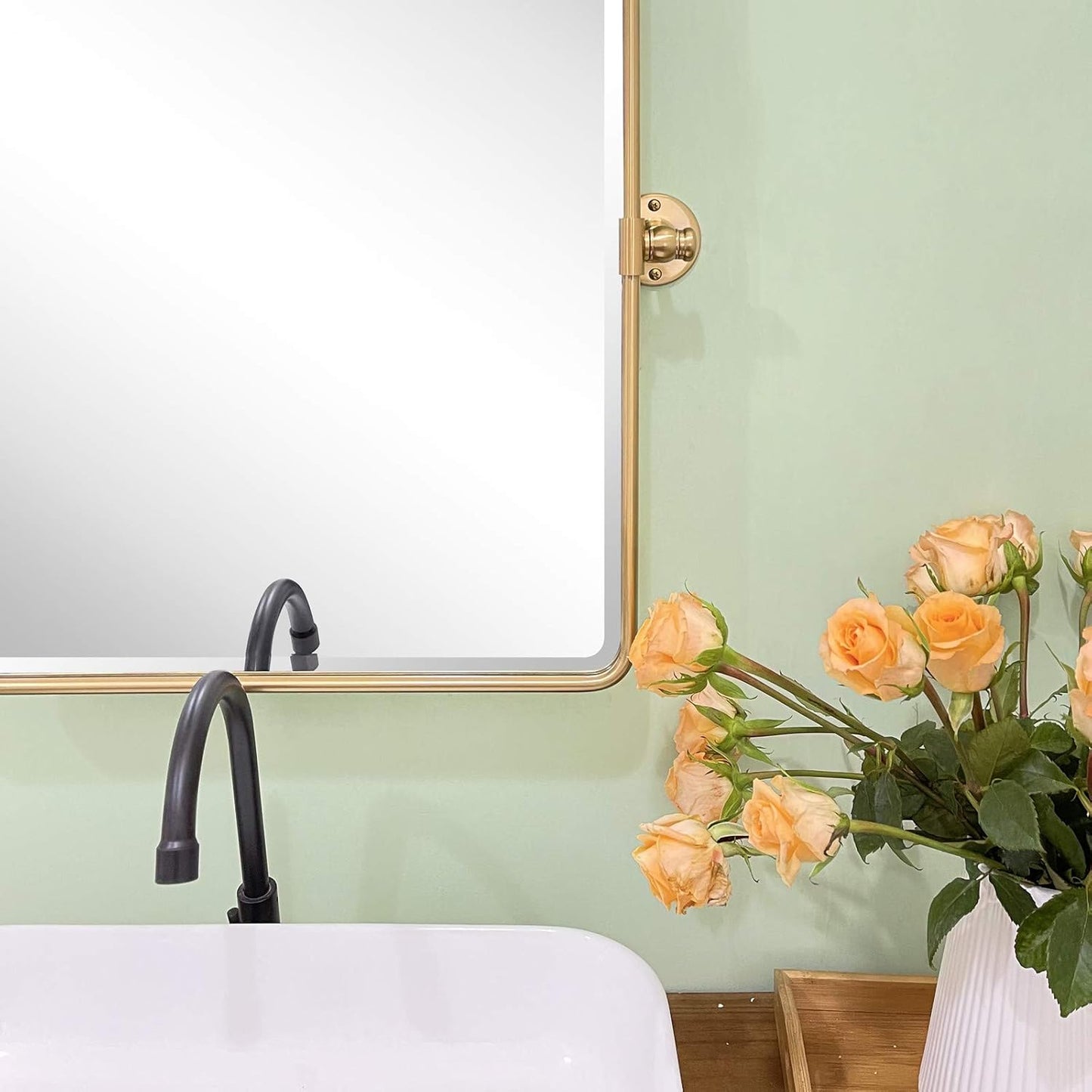 Farmhouse Gold Metal Framed Pivot Rectangle Bathroom Mirror Rounded Rectangluar Tilting Beveled Vanity Mirrors for Wall, Overall 22.91 x 24 inches (Mirrror 19 x 24 inches)