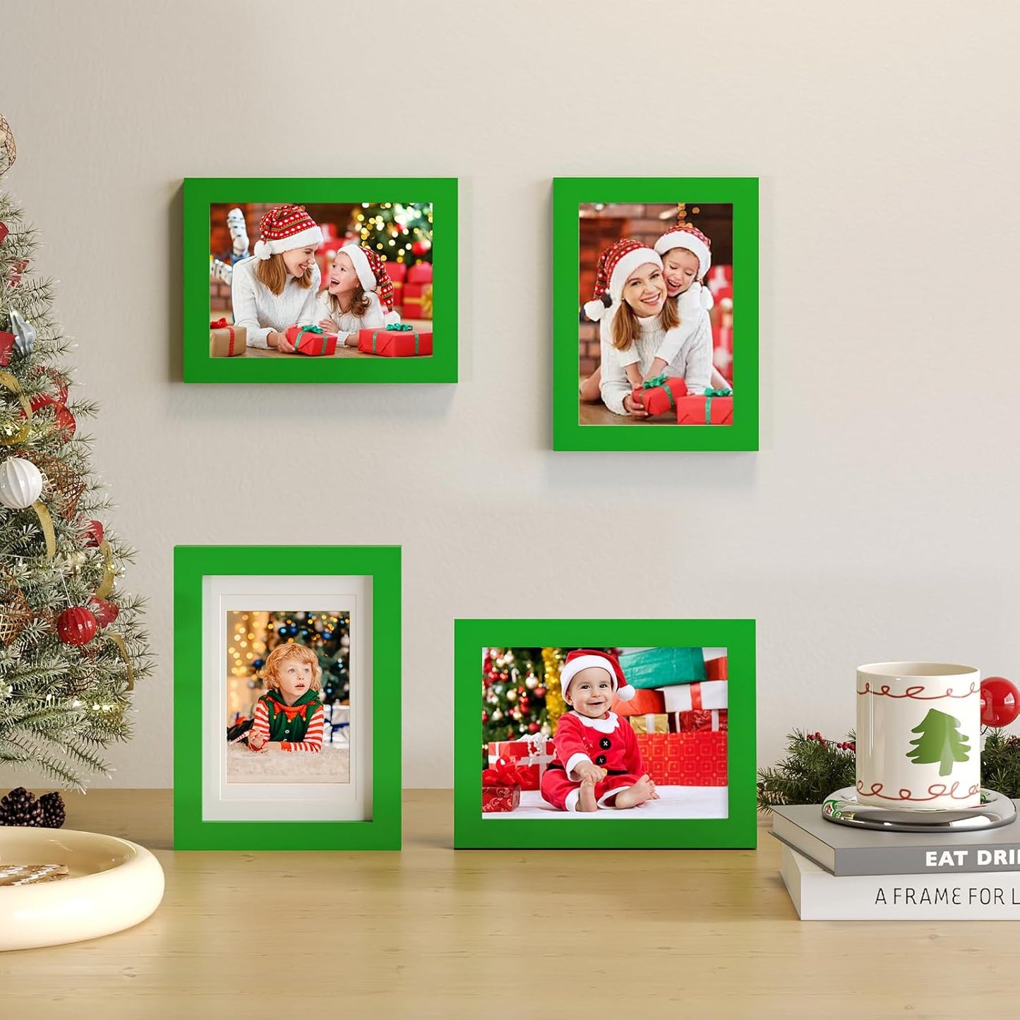 KINLINK 5x7 Picture Frame Grass Green, Solid Wood Frames with Acrylic Plexiglass for 3.5x5/4x6 with Mat or 5x7 without Mat, Tabletop and Wall Display Photo Frame 4 Pack