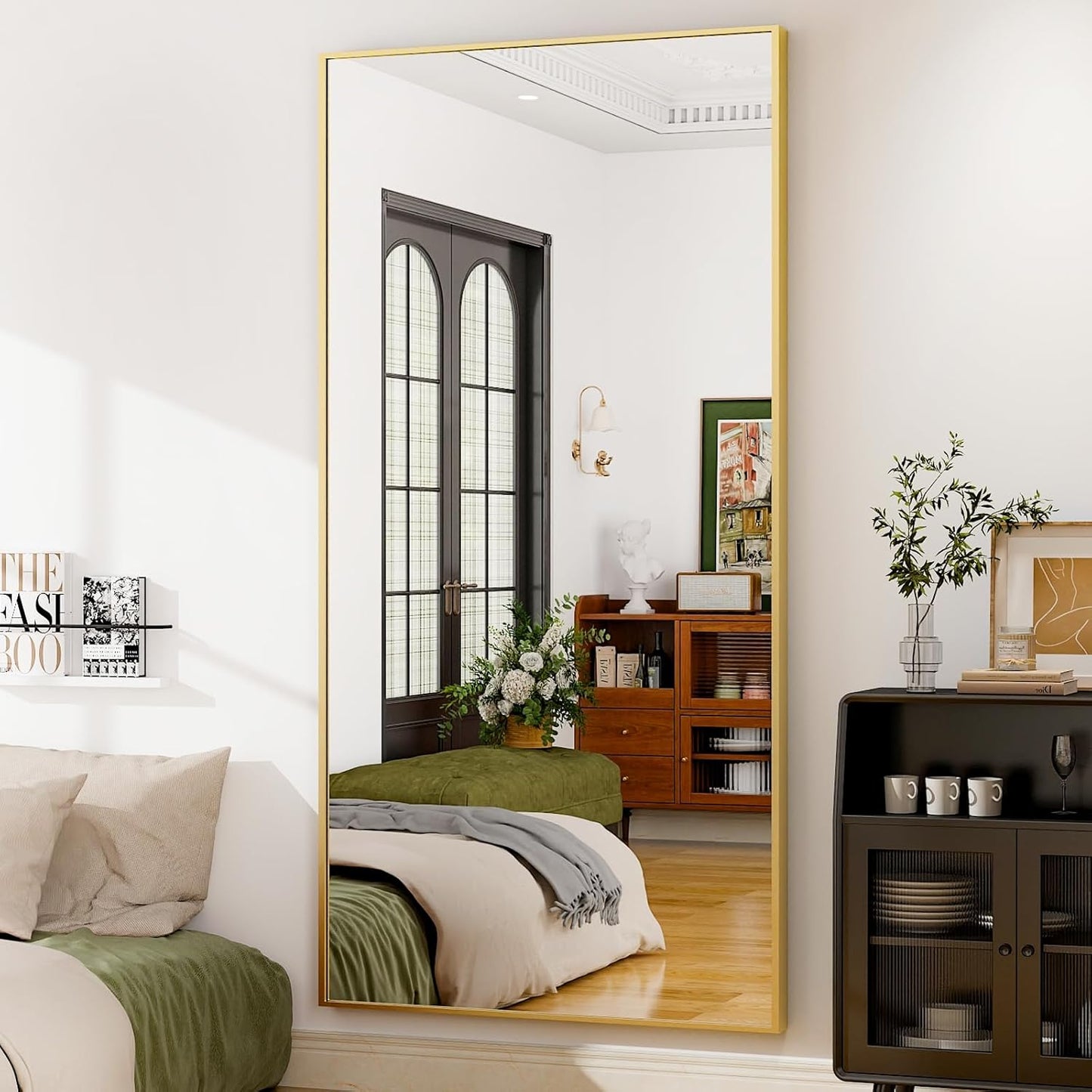 GLSLAND 76"x34" Full Length Mirror Extra Large Hanging or Leaning Rectangle Mirror Aluminum Alloy Thin Frame Bedroom Floor Dressing,Gold