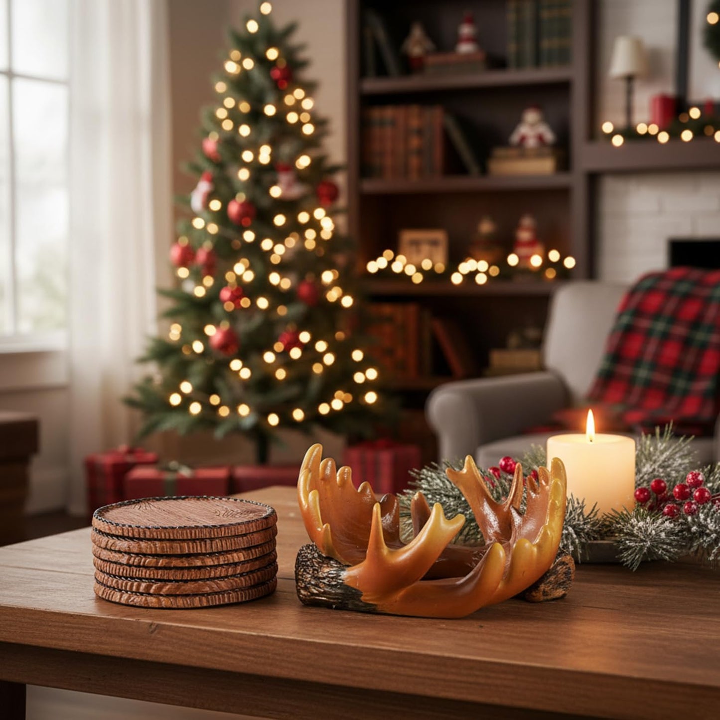 Deer Antler Coasters - 6 Full-Size Rustic Wooden Coasters | Non-Slip for Log Cabin, Hunting, Man Cave, Bar & Farmhouse Decor | Protect Furniture