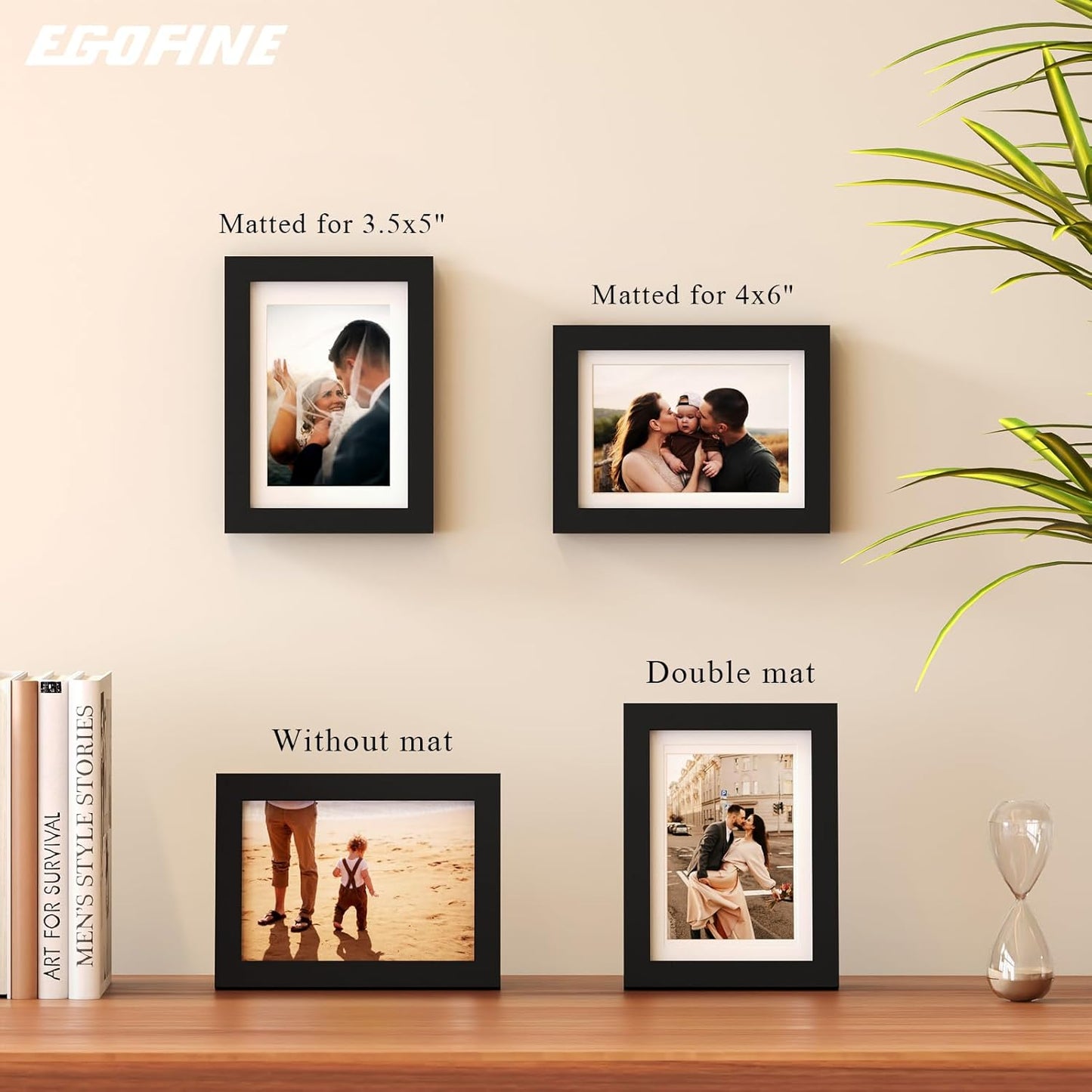 Egofine 5x7 Picture Frames Set of 4, Made of Solid Wood Covered by Plexiglass 3.5x5 and 4x6 with Mat or 5x7 without Mat, for Table Top Display and Wall Mounting Photo Frame Black