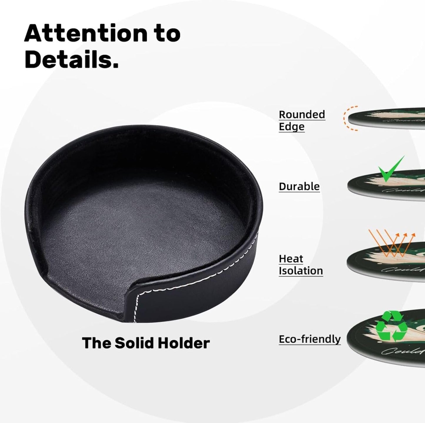 Drink Coasters with Holder Stand Set of 6, Swan Pu Leather Absorbent Coasters with Cork Base Table Round Coaster for Housewarming Apartment Kitchen Bar Decor