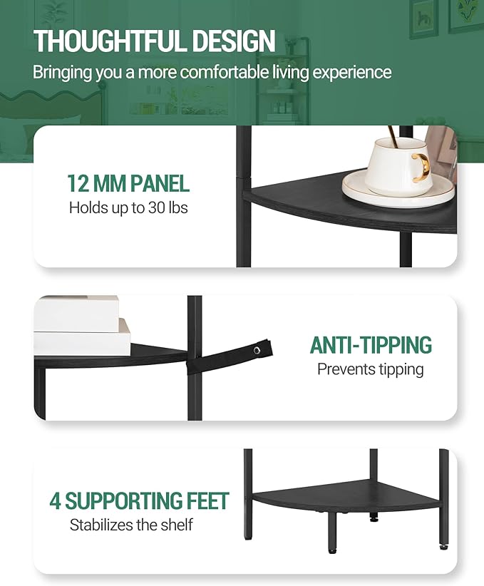 Corner Shelf Stand, Corner Bookshelf, Plant Shelf, Corner Display Rack, Standing Shelf with Metal Frame for Living Room, Bathroom, Kitchen, Industrial Style, 6 Tier Black CS06604B