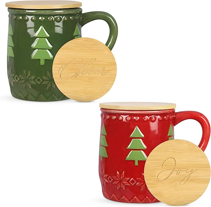 Young's Inc Christmas Coffee Mugs Set of 2, Ceramic Holiday Woodland Lodge Christmas Mug Set with Wood Lid, Coaster Set, Hot Chocolate Mugs for Drinking Coffee