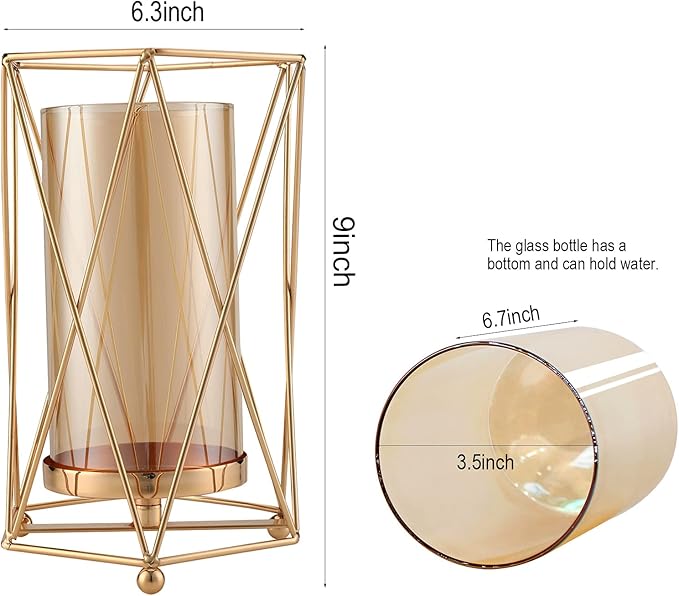 Cosylove Geometric Glass Vase with Metal Bracket, Crystal Transparent Inner Vase, Hand-Plated Geometric Metal Vase, Rose Gold Vase Decoration for Home Office Wedding Holiday Party Gift