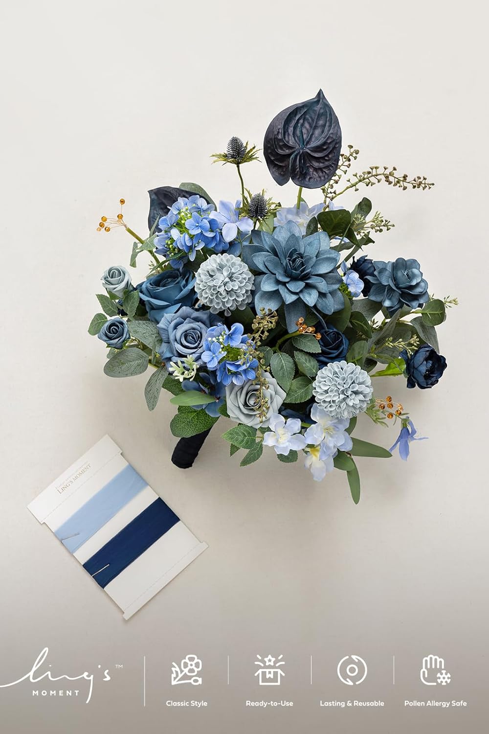 Ling's moment Dusty Blue Wedding Bouquets for Bride, Navy Blue Bridal Bouquets for Bride, 13 Inch Free Form Artificial Wedding Flower Bouquet