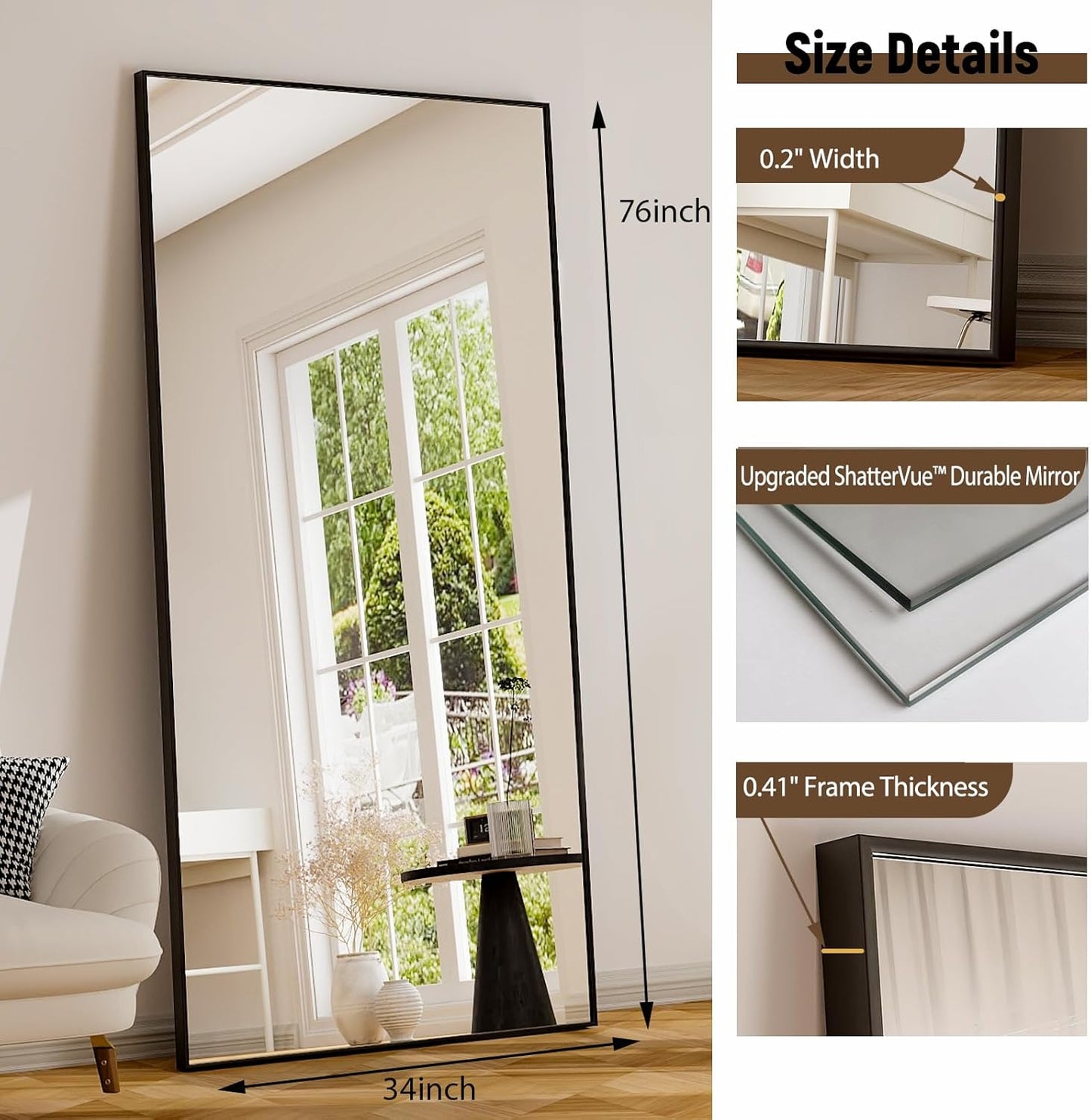 GLSLAND 76"x34" Full Length Mirror Oversize Rectangle Full Body Mirror Aluminum Alloy Frame Freestanding Mirrors for Bedroom Living Room Dressing,Black