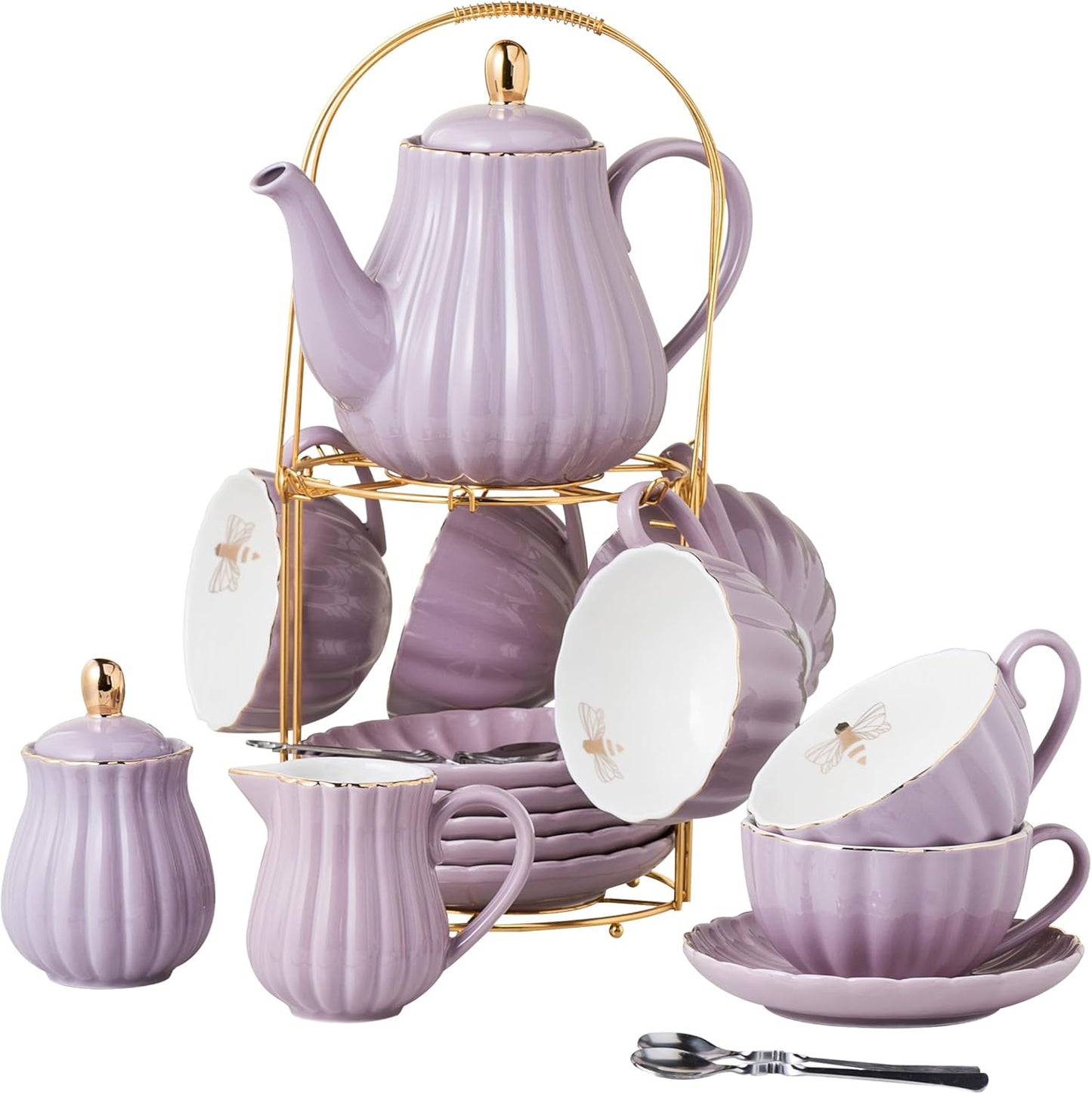 Clay Tonic- 8 OZ Fine China Purple Coffee Cup/Teacup Set, Cups & Saucer, with Teapot-Sugar Bowl-Cream Pitcher Teaspoons and tea strainer for Tea/Coffee,24-Pieces- Service for 6 (Purple)