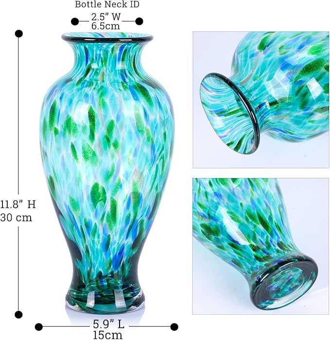 11.8" Tall Blown Teal Glass Vase, Green Opaque Glass Vase, Unique Design Turquoise Wide Mouth Art Decoration for Home, Living Room, Dining Table, Pampas Grass Decor (Greener)