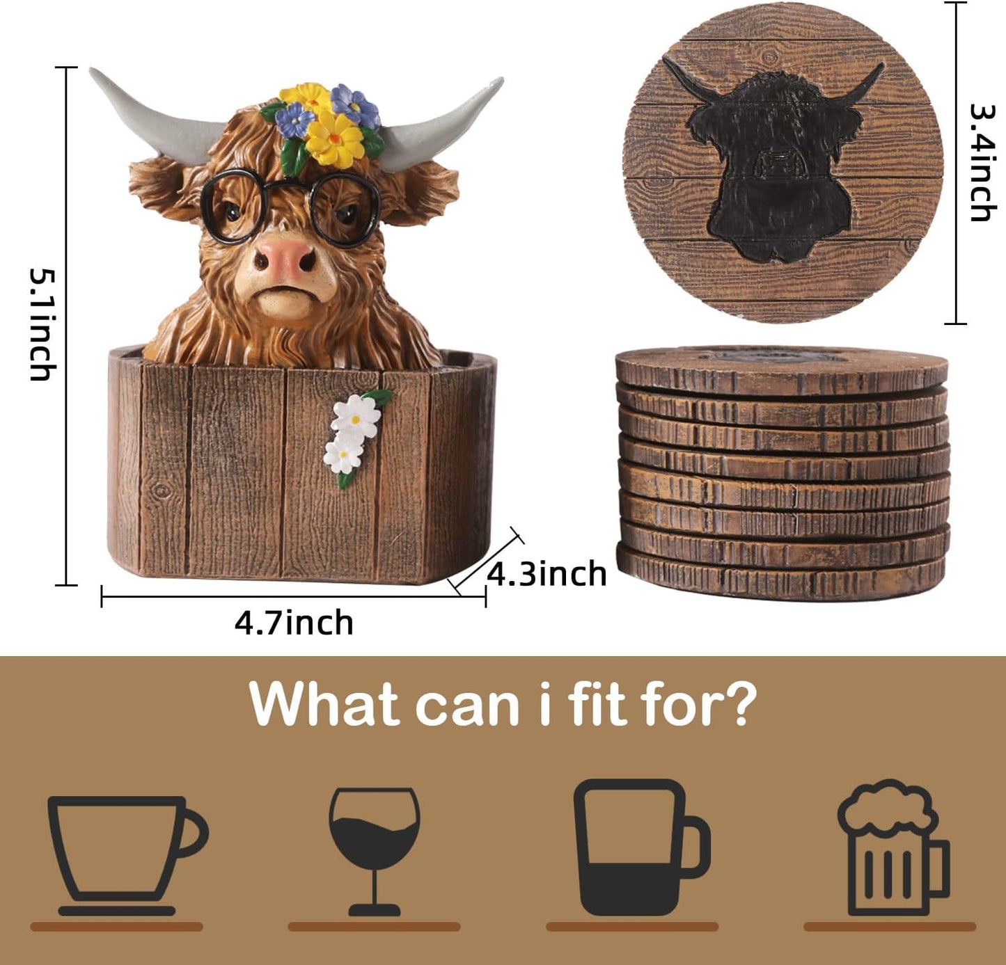 Highland Cattle Coasters - 8 Full Size Rustic Coasters for Log Cabin Decor - Hunting Decor