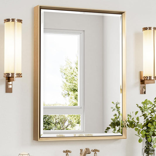Gold Bathroom Mirror, 22x30 Brushed Gold Bathroom Mirror Beveled Edge, Gold Framed Rectangle Bathroom Vanity Mirror, Anti-Rust Brushed Brass Metal Frame Wall Mirror Vertical/Horizontal