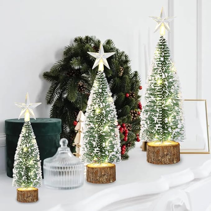 3Pcs Mini Christmas Tree for Table Decor Little Xmas Tree with LED Light for Table Centerpieces Tiny Bottle Brush Tree with White Snow for Home Indoor Tabletop Christmas Decoration