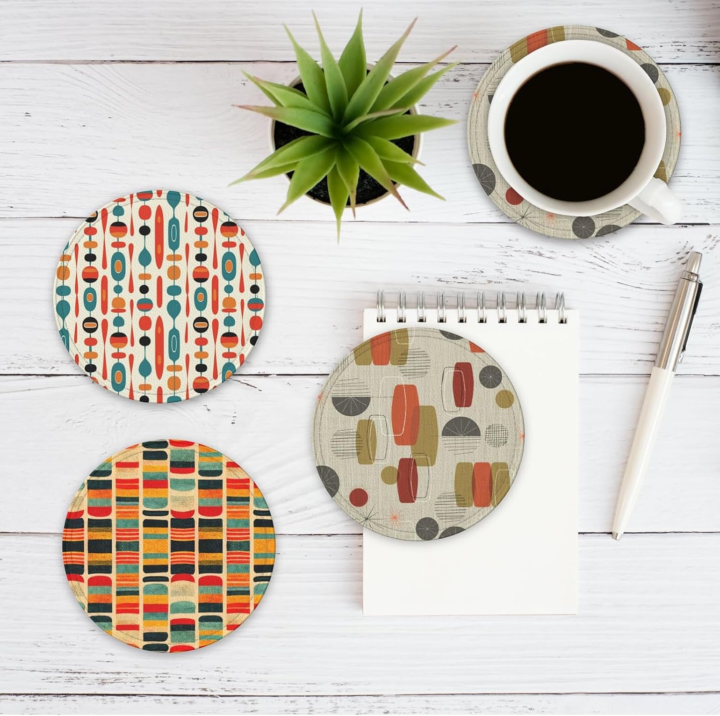 Mid Century Modern Style Leather Drinks Coasters with Holder, Set of 6, Suitable for Various Cups