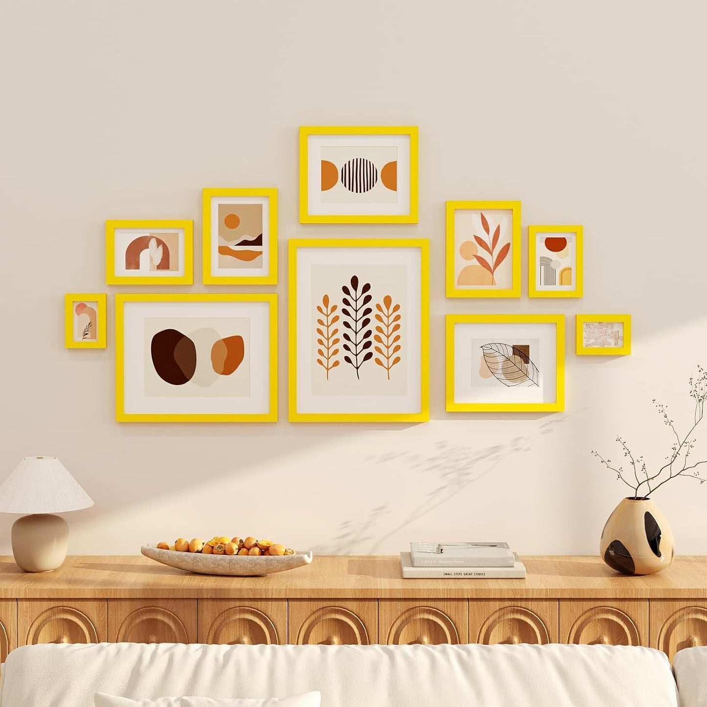 KINLINK 5x7 Picture Frame Yellow, Solid Wood Frames with Acrylic Plexiglass for 3.5x5/4x6 with Mat or 5x7 without Mat, Tabletop and Wall Display Photo Frame, Set of 4