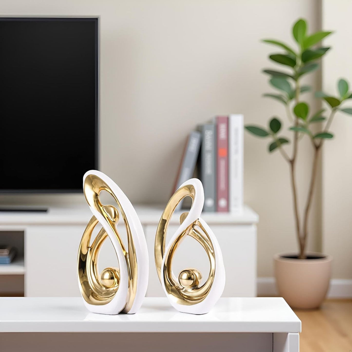 Home Decor Accent,Porcelain Art Mid Century Bookshelf Decorations,Gold Centerpieces for Tables,Abstract Ceramic Statue Sculpture for Coffee Table Mantel Tv Stand Centerpieces (White Gold, Small)