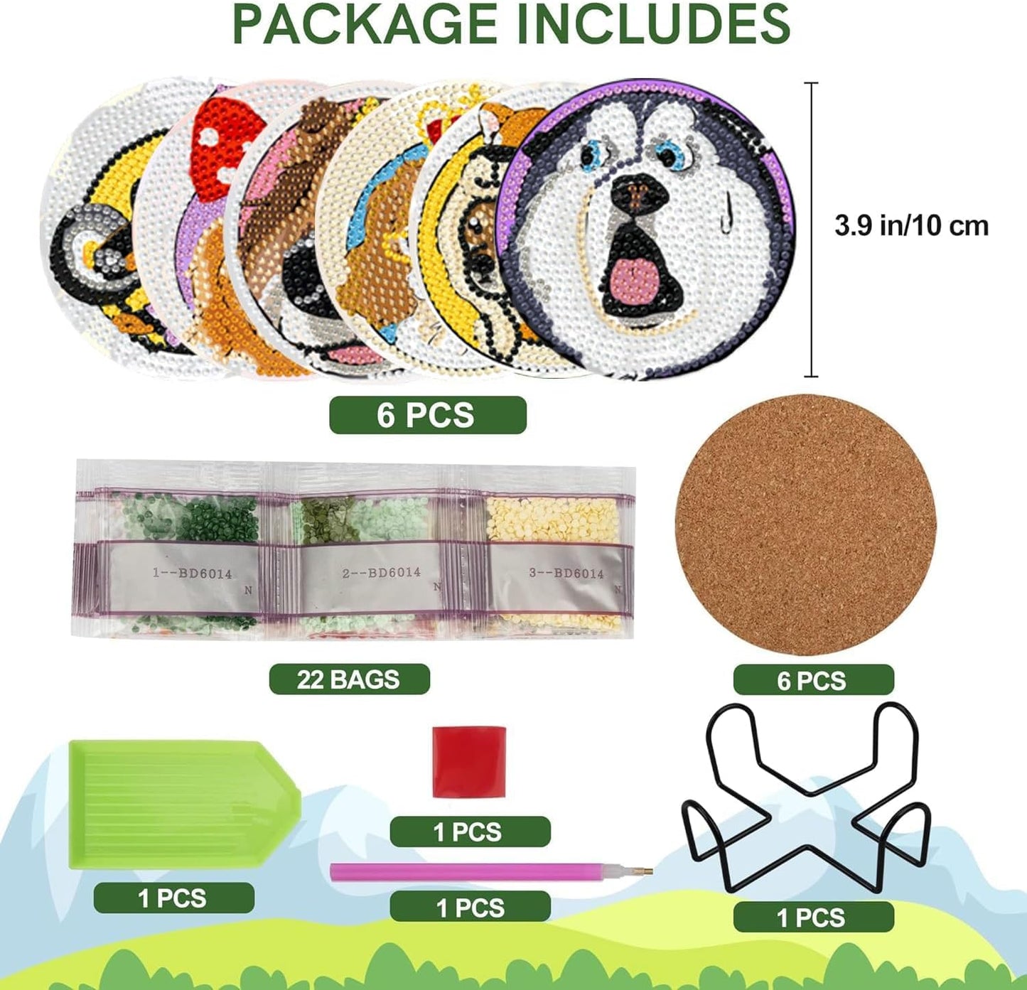 EWJRNSF 6 PCS Small Diamond Art Coasters Kits, Diamond Painting Coasters, Fall Diamond Art Kits for Adults Beginners, Arts and Crafts Item Sets with Holder for Drinks. Dog