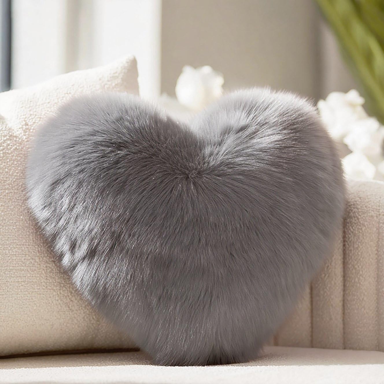 Grey Heart Pillow, Faux Fox Fur Heart Decorative Pillows, Heart Shaped Throw Pillow for Bed, Soft Fluffy Decorative Cushion for Chair Sofa Living Room - Plush Pillow Home Decor