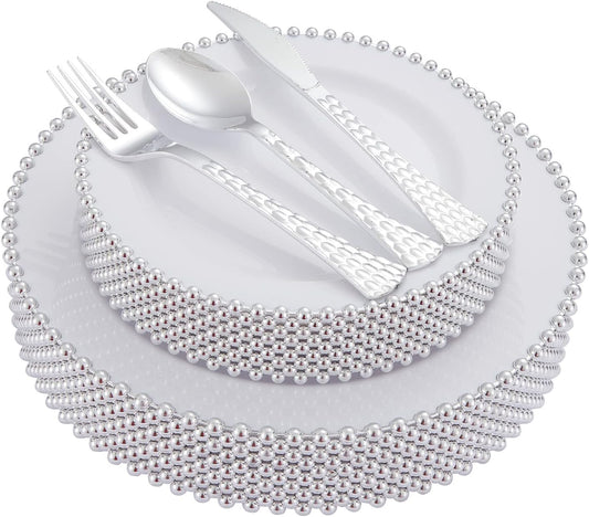 HOMIP 75Pcs Fancy Disposable Dinnerware Party Set, 15 Dinner Plates 15 Dessert Plates with Silver Bead Rimed, 15 Silver Spoons, 15 Knives, 15 Forks, Plastic Silverware for Wedding Birthday Party