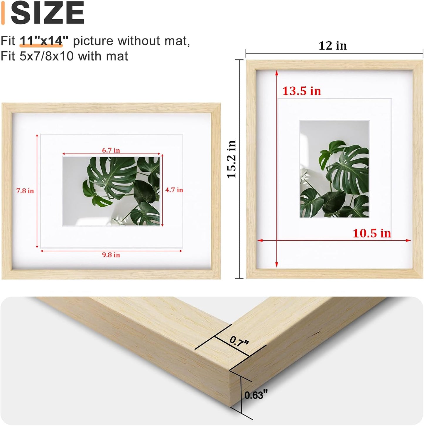 Egofine 11x14 Picture Frames Set of 4, Made of Solid Wood Covered by Plexiglass 5x7 and 8x10 with Mat or 11x14 without Mat, for Table Top Display and Wall Mounting Photo Frame Oak Wood
