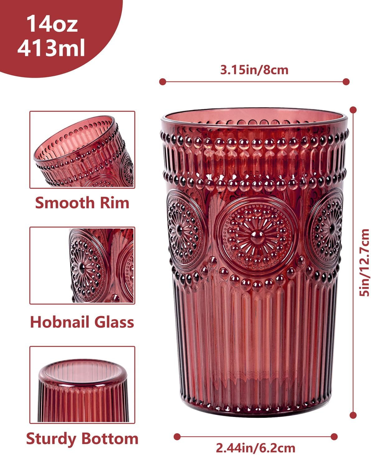 Ciaell 12 Pack Romantic Plastic Water Glasses - 14 Oz Burgundy Vintage Drinking Glasses, Embossed Ribbed Plastic Cups, Textured Striped Set for Juice, Beverages, Beer, Cocktail & Christmas