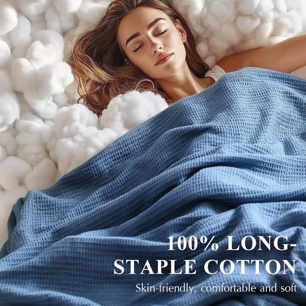 ISAENNE Blue Thin Waffle Weave 100% Cotton Throw Blanket,Solid Color Breathable Soft Cooling Blanket,Lightweight and Skin Friendly Blankets for Bed,Camp,All-Season Use,Christmas,80x60 Inches