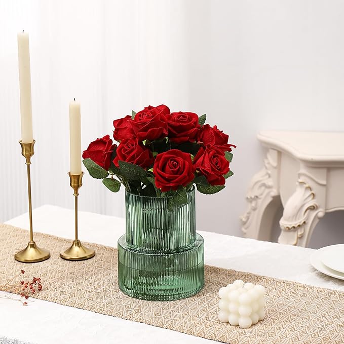 Green Glass Vase, Ribbed Glass Vase for Tulips, Flower Vases for Bouquet, Green Modern Vases for Living Room, Dining Table, Entryway, Mantle, Shelf, Wedding, Office, 7.5 Inches