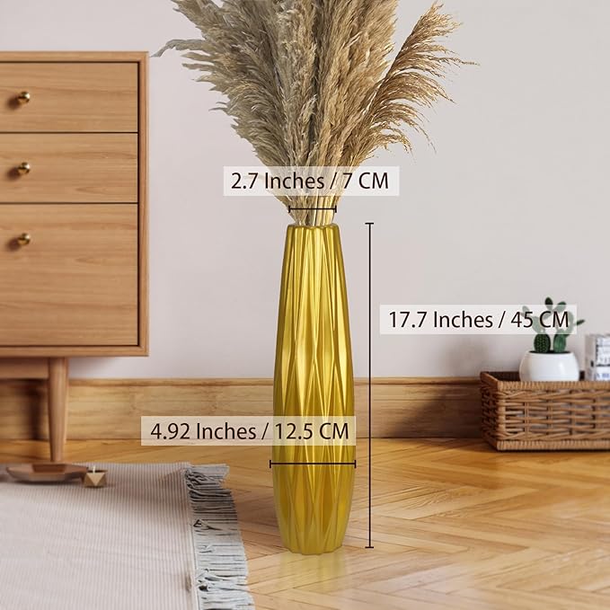 Gold Ceramic Tall Floor Vase,17.7 Inch Large Modern Flower Vases for Home Décor,Wicker Big Floor Vase Decorations for Farmhouse, Living Room,Bedroom,Standing Plastic Vase Decorative Tall