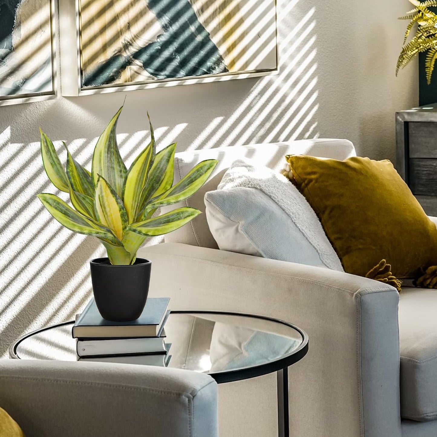 Fake Plant 11.22 Inch Fake Snake Plant Artificial Plants Indoor Sansevieria Faux Plants with Black Pot Artificial Snake Plant for Living Room Bathroom Office Table Centerpieces Shelf Home Decor