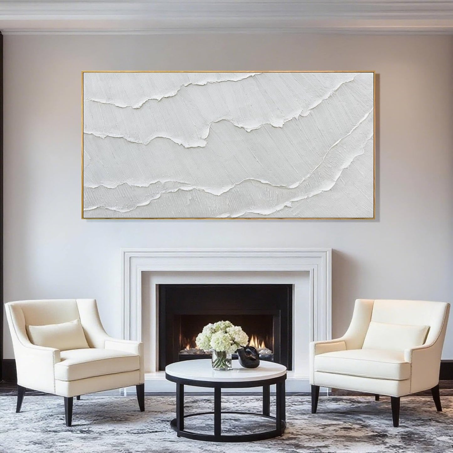 Contemporary Gray-White Abstract Flat printing Wall Art with Frame Large Canvas Ocean waves Painting for Living Room Bedroom Above Couch Decor 29"x58"