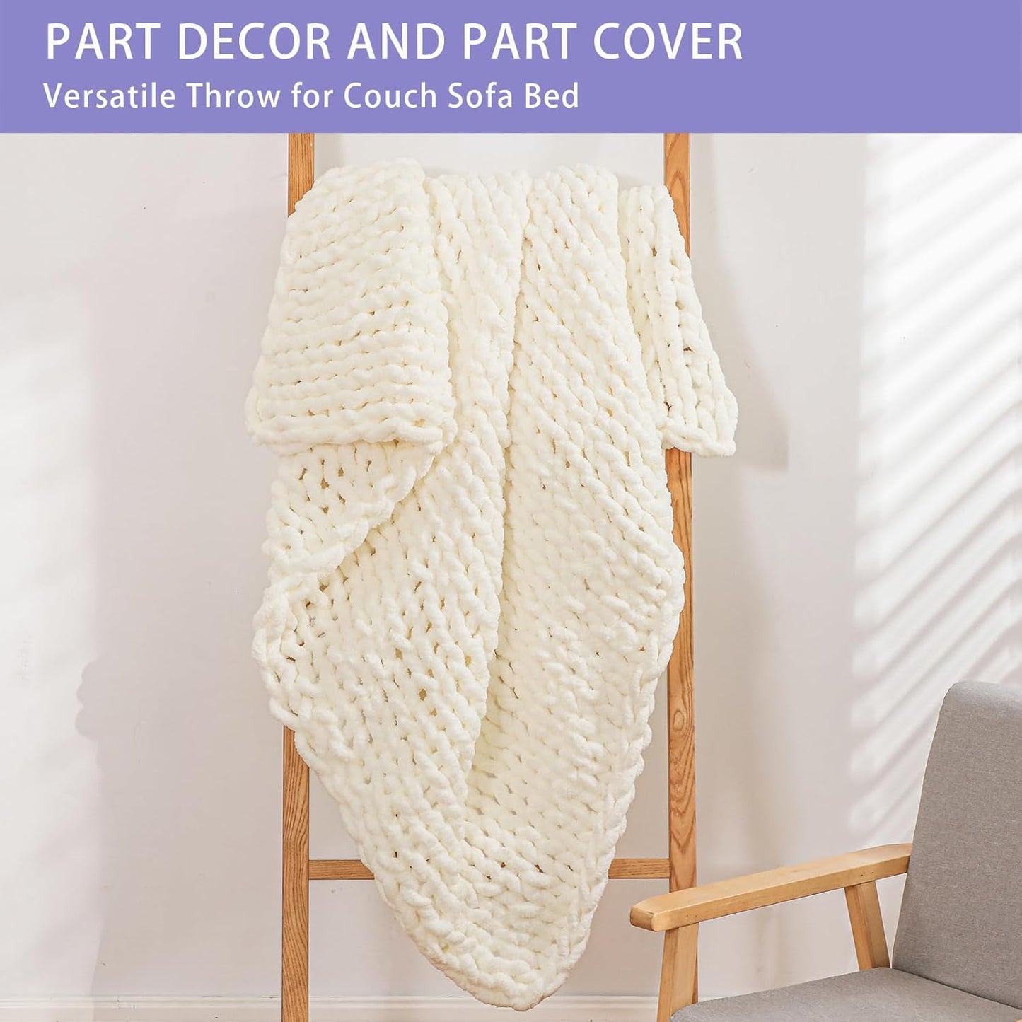 Bigacogo Chunky Knit Throw Blanket for Couch, 40x80 inches, 100% Hand Knitted with Thick Jumbo Chenille Yarn, Cozy Soft Large Rope Knot Cable Crochet Blankets for Sofa Bed Living Room, Ivory