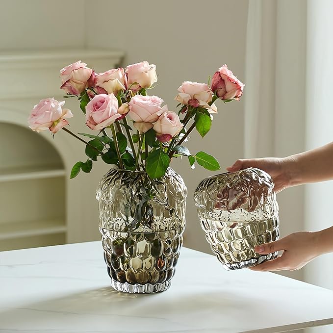 Grape Bubble Glass Vase for Flowers, Large Vintage and Clear Black Colored Smoke Glass Vases for Modern Home Decor (Crystal Grey 6.5" W X8.7 H)