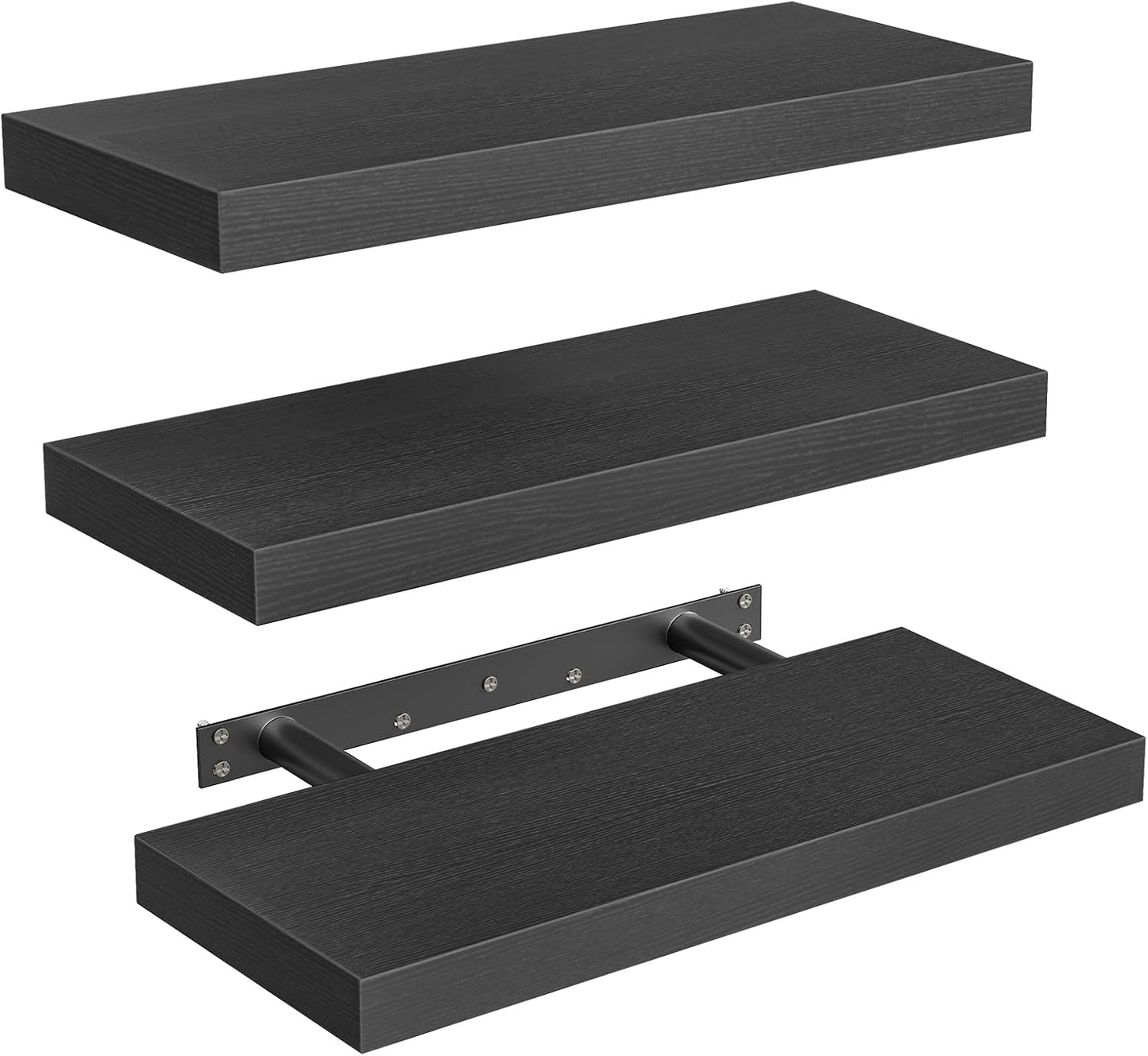 Floating Shelves for Wall, 1.5" Thick Wall Shelf Set of 3 with Invisible Brackets, 15.7L x 7.9W Hanging Book Shelves Farmhouse Home Decor for Bathroom, Living Room, Bedroom, Black 4301BJP3BK