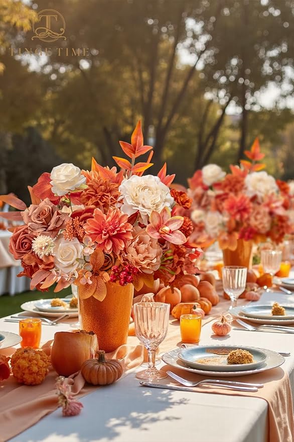 TINGE TIME Roses Artificial Flowers Orange Faux Flowers Bulk for DIY Bridal Wedding Bouquets Baby Shower Fall Centerpiece Table Home Decorations