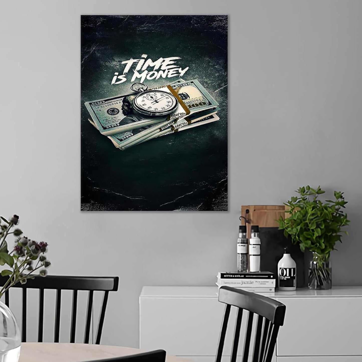 Inspirational Modern Pictures Canvas Print Vintage Painting Time is Money Nordic Wall Art Quotes Positive Poster Home for Living Room Decoration Framed Ready to Hang [24''W x 18''H]