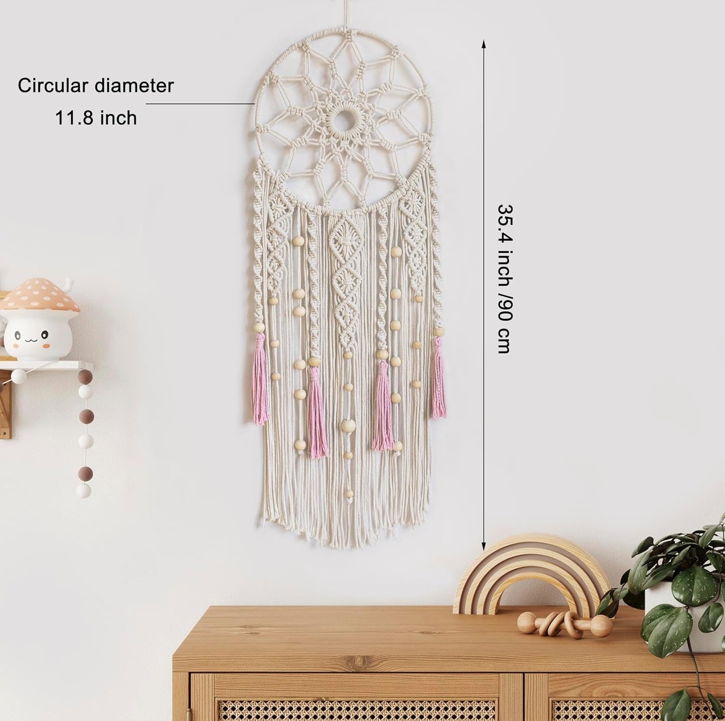 LB Boho Flower Macrame Wall Hanging Pink and Beige Dream Catcher Handmade Woven Cotton Tapestry with Wood Beads Modern Aesthetic Wall Art Decor for Home, Bedroom, Living Room