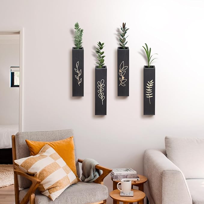 Wood Wall Planter, Farmhouse 4 Pack Indoor Pocket Wall Vases Decor for Living Room Bedroom Dried Flowers Faux Greenery Plants (Black)