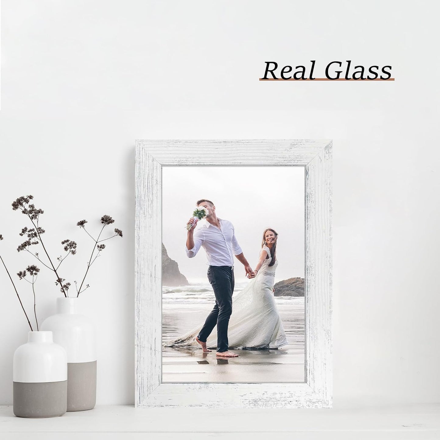 iRahmen 6x9 Picture Frame Set of 4, High Definition Glass Distressed White Frame, 6 x 9 Wood Photo Frames for Horizontal or Vertical Tabletop Display and Wall Mounting