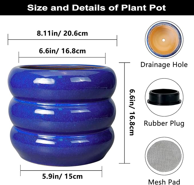 SQOWL 8 Inch Plant Pot - Ceramic Planter Indoor Plant Pot with Drainage Hole Outdoor Flower Pot Round Decorative Plant Pots for Kitchen Counter Desk Decor Blue
